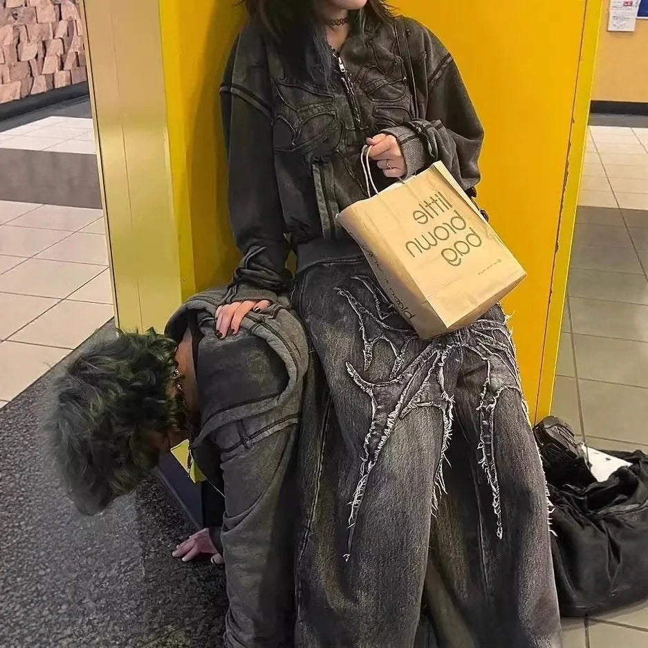 Bat Embroidered Loose Fit Jeans – Retro High Street Denim