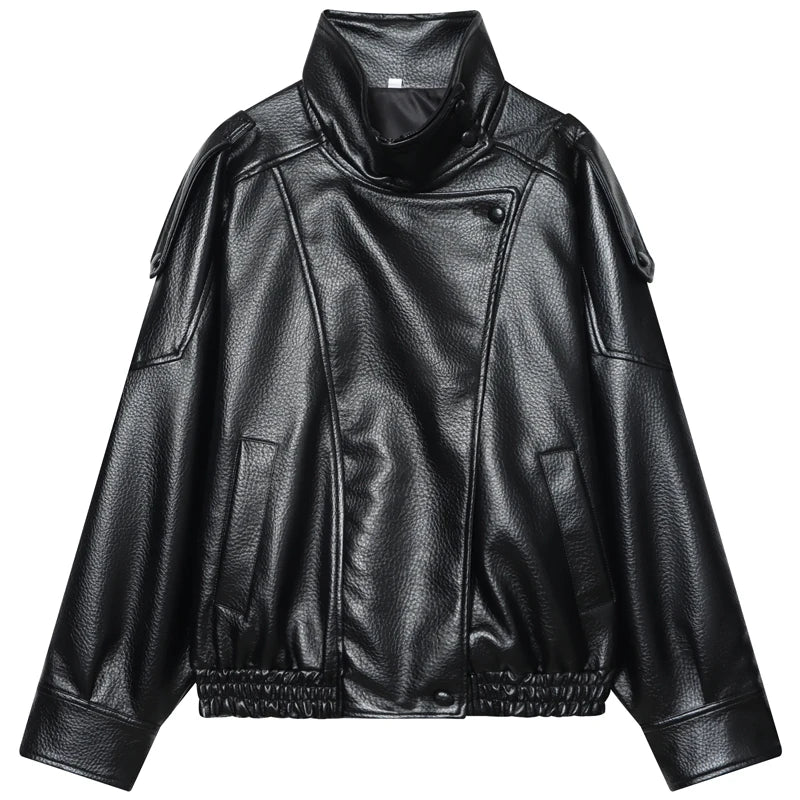Cropped Faux Leather Bomber Jacket – Edgy Black Moto Style