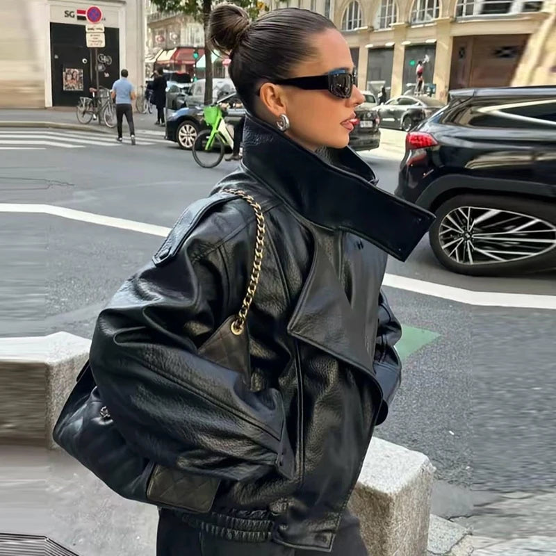 Cropped Faux Leather Bomber Jacket – Edgy Black Moto Style