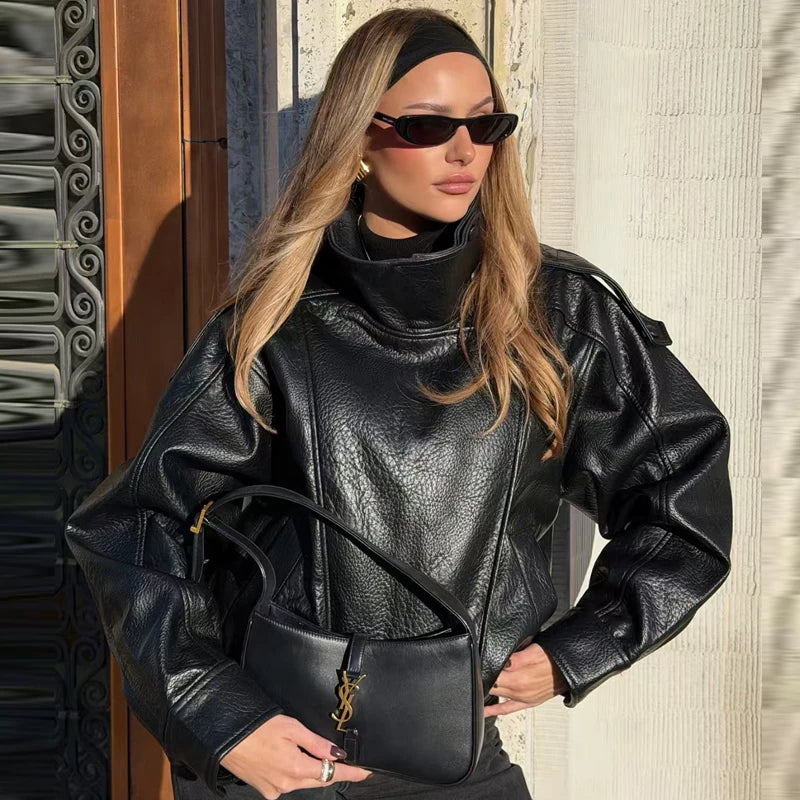 Cropped Faux Leather Bomber Jacket – Edgy Black Moto Style