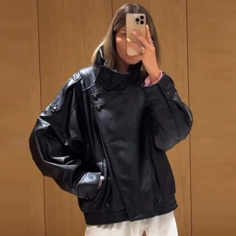 Cropped Faux Leather Bomber Jacket – Edgy Black Moto Style